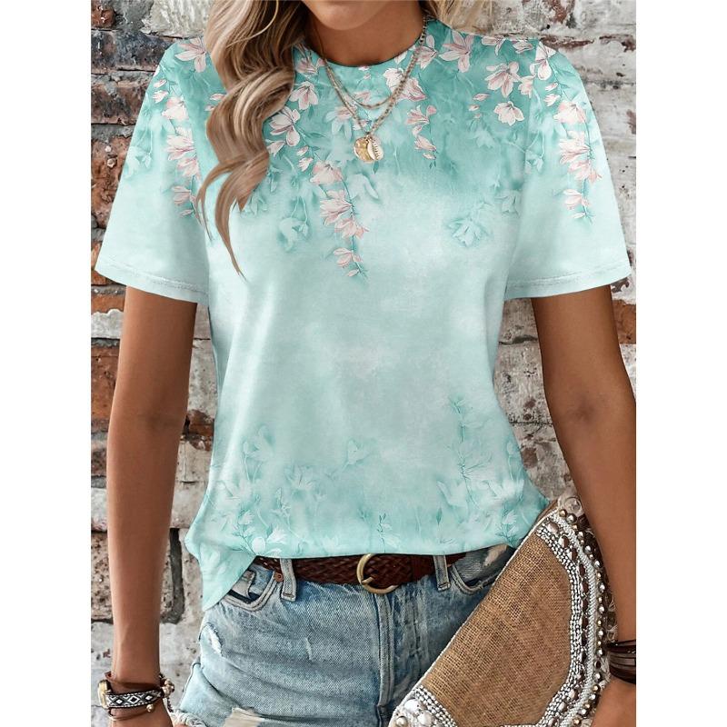 T-shirt d'été à manches courtes et col rond pour femme, imprimé floral 3D, décontracté et tendance
