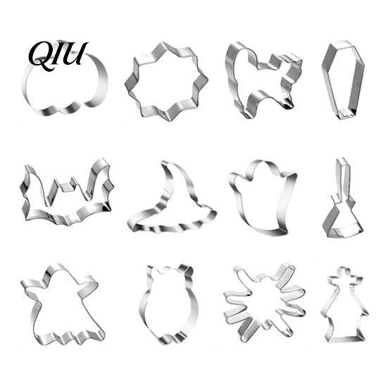 Halloween Baking Molds 12Pcs Cookie Cutter Set, Stainless Steel Biscuit Molds, DIY Pumpkin Spider Web Ghost Black Cat Bat Tool for Party,
