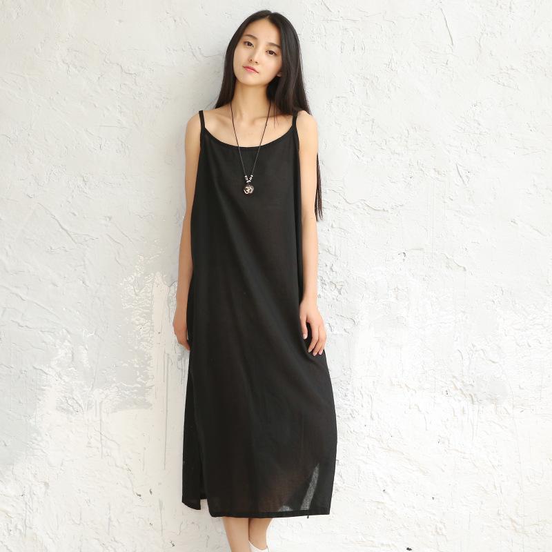 2024 Spring/Summer Cotton Linen Plus Size Women's Spaghetti Strap Long Dress - Solid Color, Loose, Versatile, Literary Style.