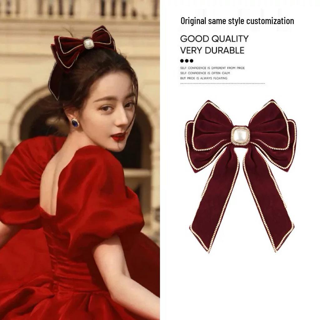 Velvet Rhinestone Pearl Bow Hair Clip – 2024 Korean Fashion, Elegant Spring Hair Accessory