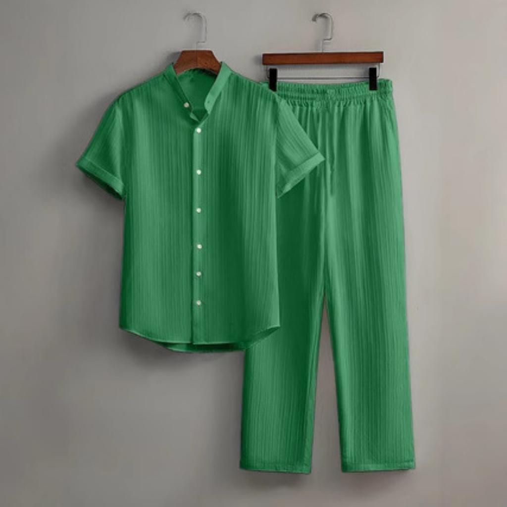 Men's Button Textured Casual Striped Short Sleeved Shirt and Elastic Straight Leg Pants Set, 2-piece Set