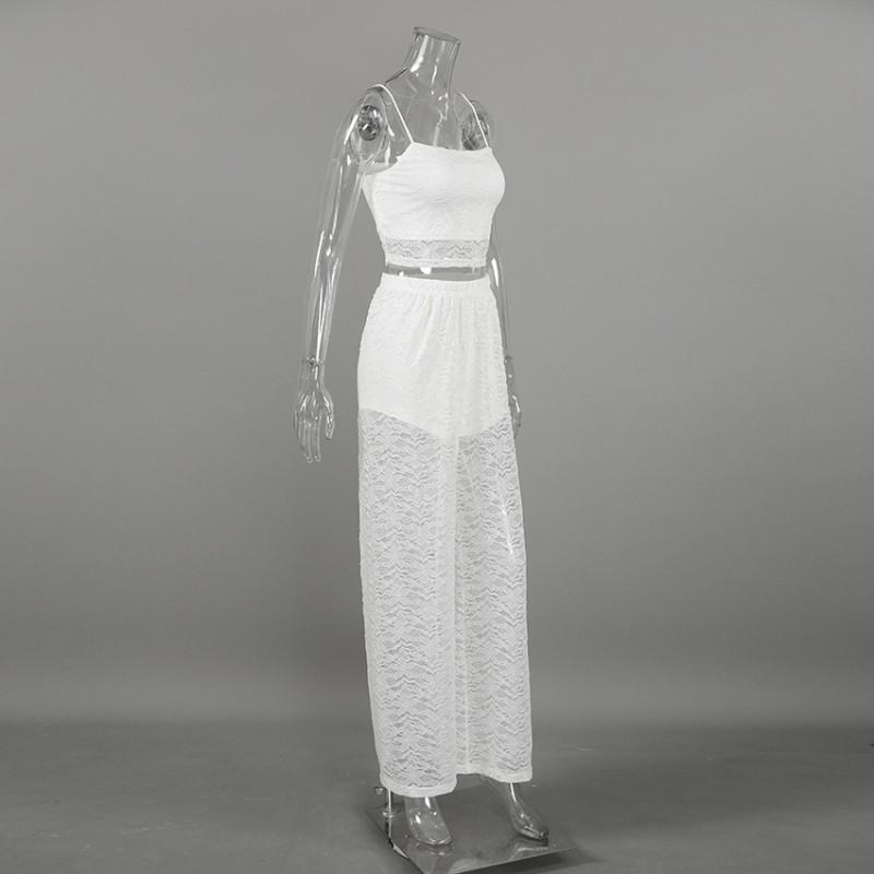Womens 2026 Elegant White Lace Camisole Top Wide Leg Pants 2 Piece Set Casual Office Date Outfit