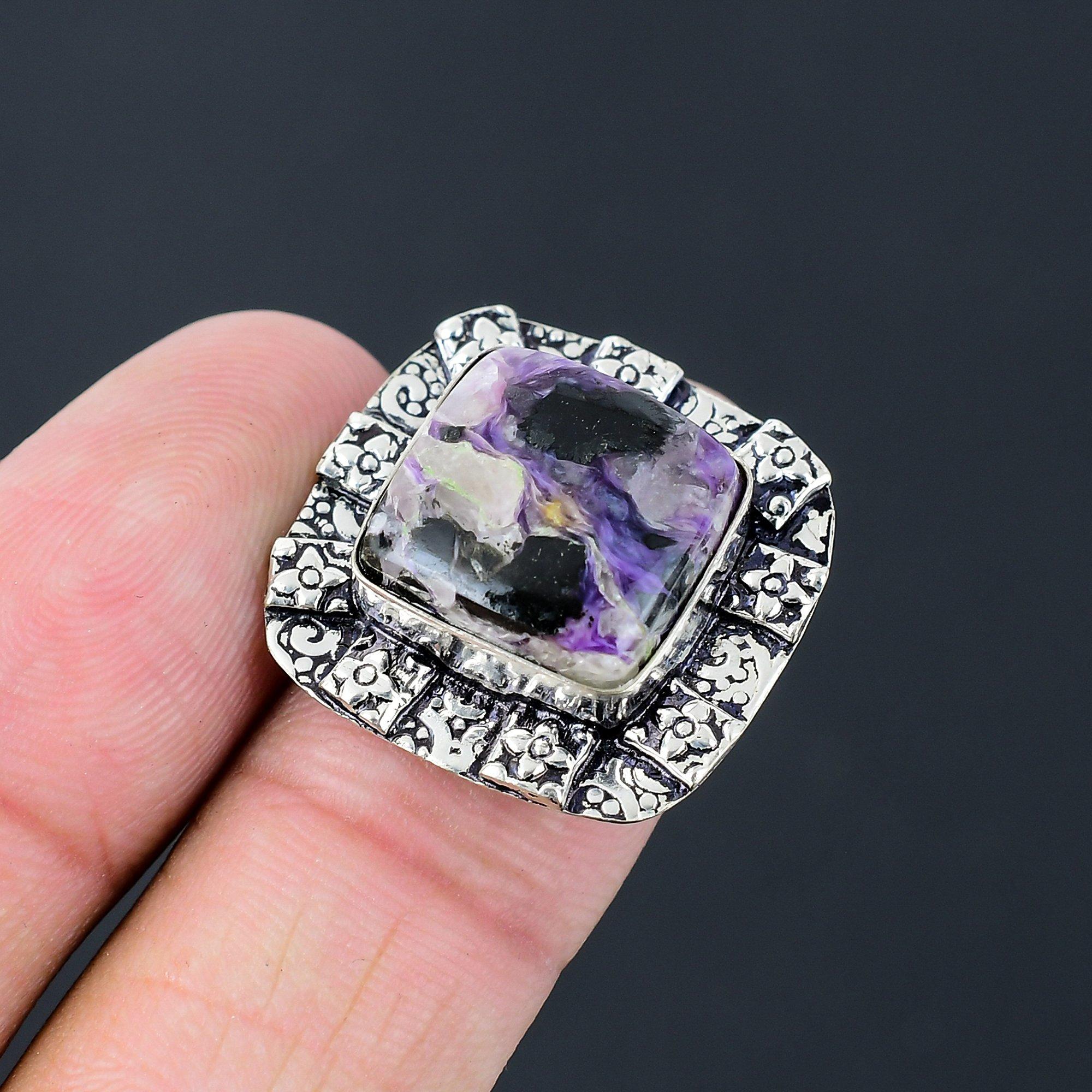 Charoite Gemstone Statement Promise Ring Jewelry Size 6.5 925 Sterling Silver 6.5
