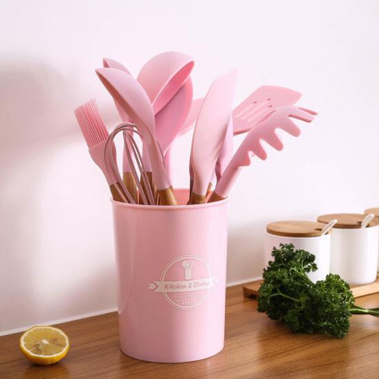 12Pcs Kitchen Utensil Set Wooden Handle Spatula Spoon Brush Whisk Heat-Resistant Silicone Cooking Tools Kit Kitchen Supplies