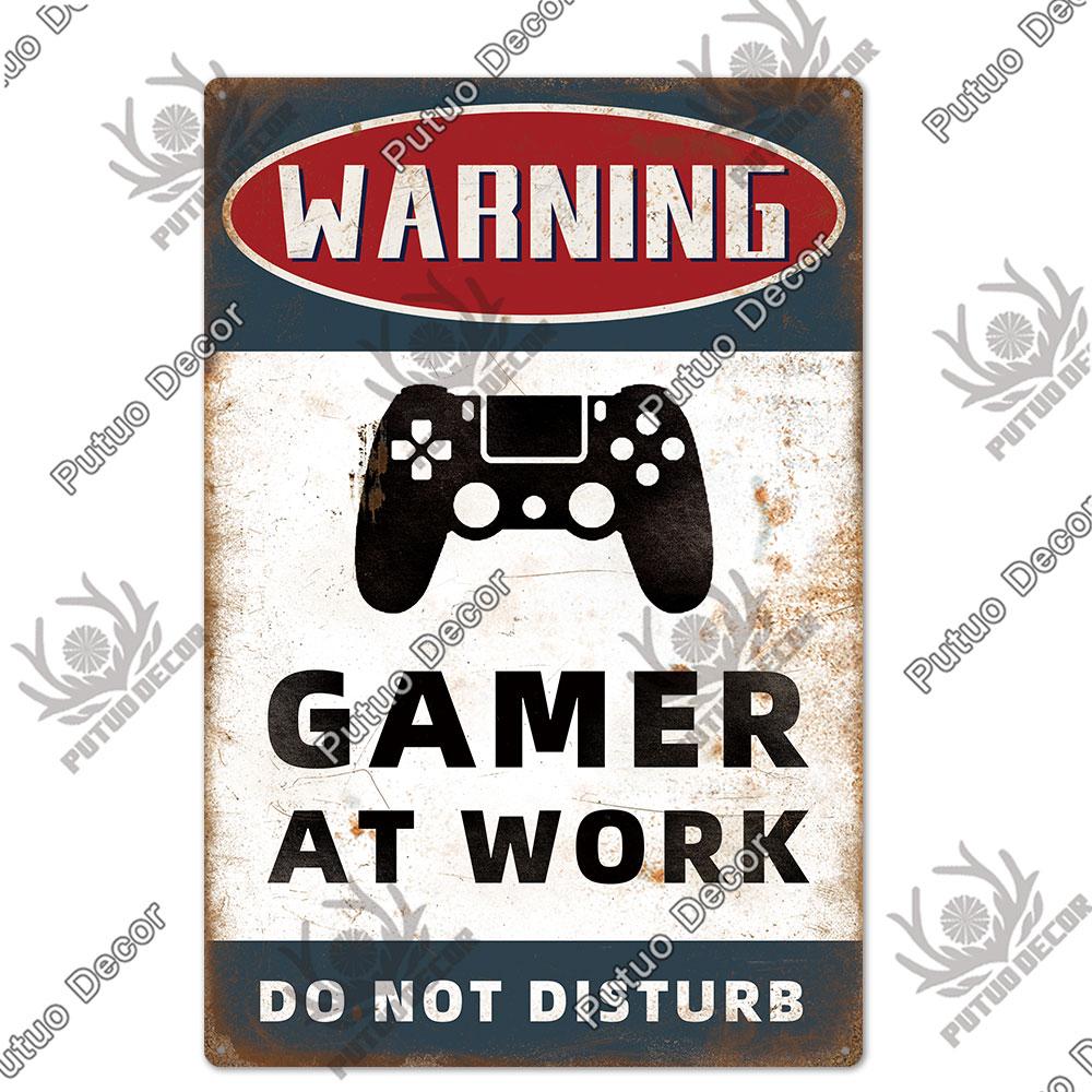 Decor Funny Gamer Metal Signs Vintage Tin Sign Gamer At Work Retro Signs for Home House Club Game Room Man Cave Wall Decor