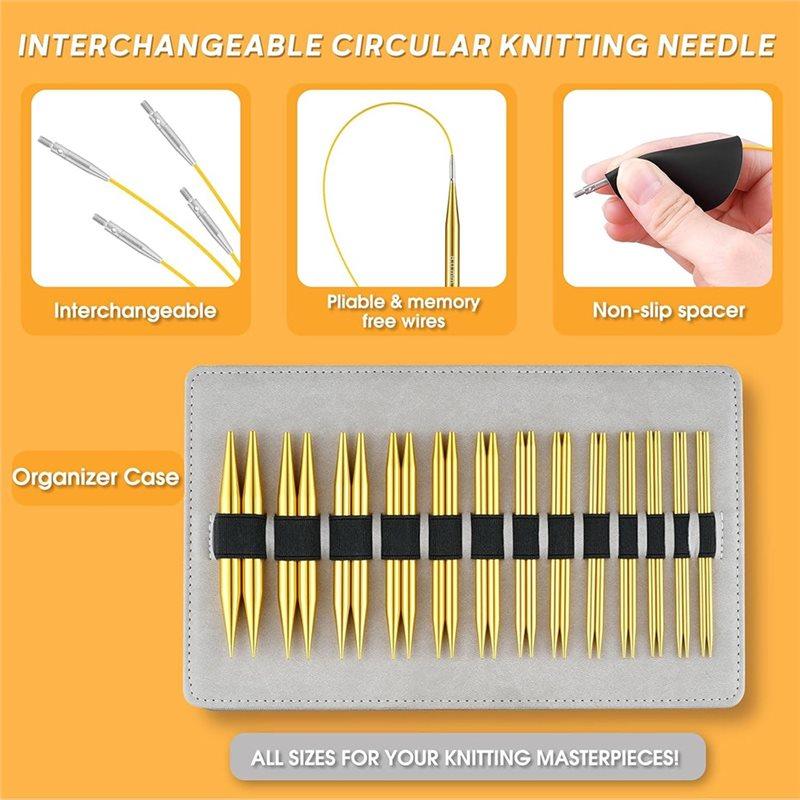 A84E-Circular Knitting Needle Set, Interchangeable 13 Pairs(3Mm-10Mm) US 2.5-15 With 16, 24, 32, 40 Inch Cables, Accessories
