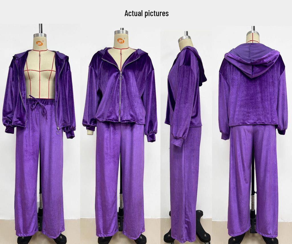 25th Anniversary Early Autumn Fashion Gold Velvet Zipper Drawstring Casual Set for Women