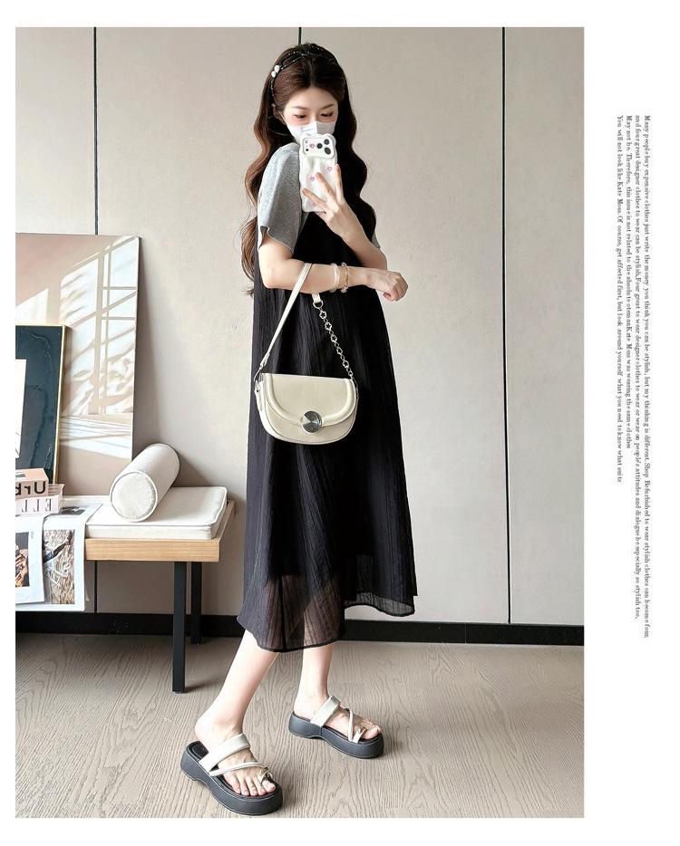 Korean Style Maternity Patchwork T-shirt Dress - Summer 2026, Spicy Mom Belly Covering, Slimming Plus Size, Trendy Two-Piece Look