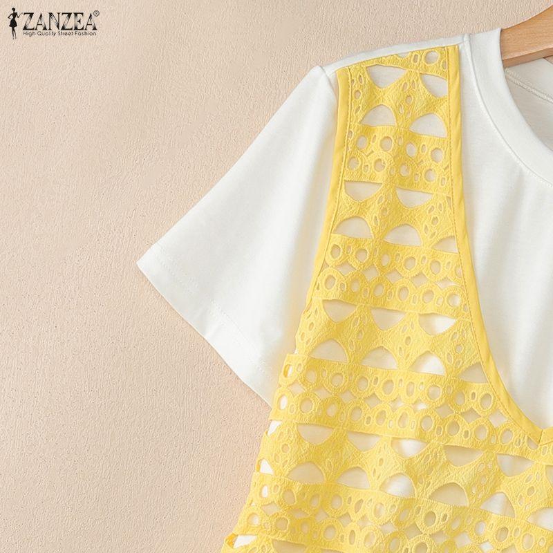 ZANZEA Women Casual Round Neck Mesh Patchwork Loose Short Sleeve T-Shirts