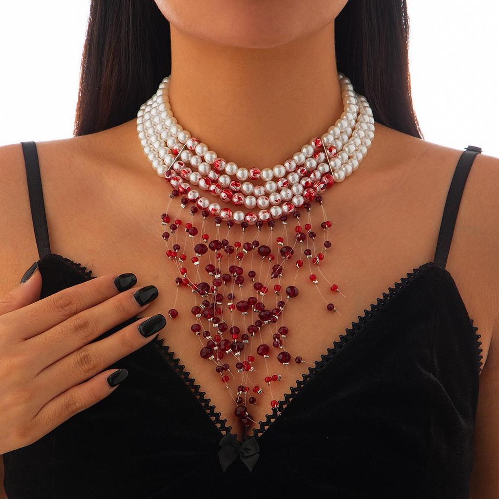 Gothic Blood Drop Tassel Pearl Choker Necklace