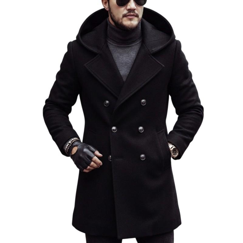 Mens Mid-length Wool Blend Coat Hooded Double Breasted European Fit Solid Color Fall Winter 2026