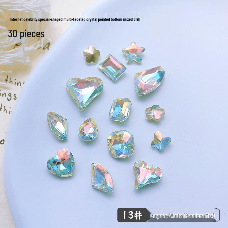 30-Piece Nail Art Crystal Rhinestones Set: Shiny Butterfly, Square, Asymmetrical Peach Heart Shapes