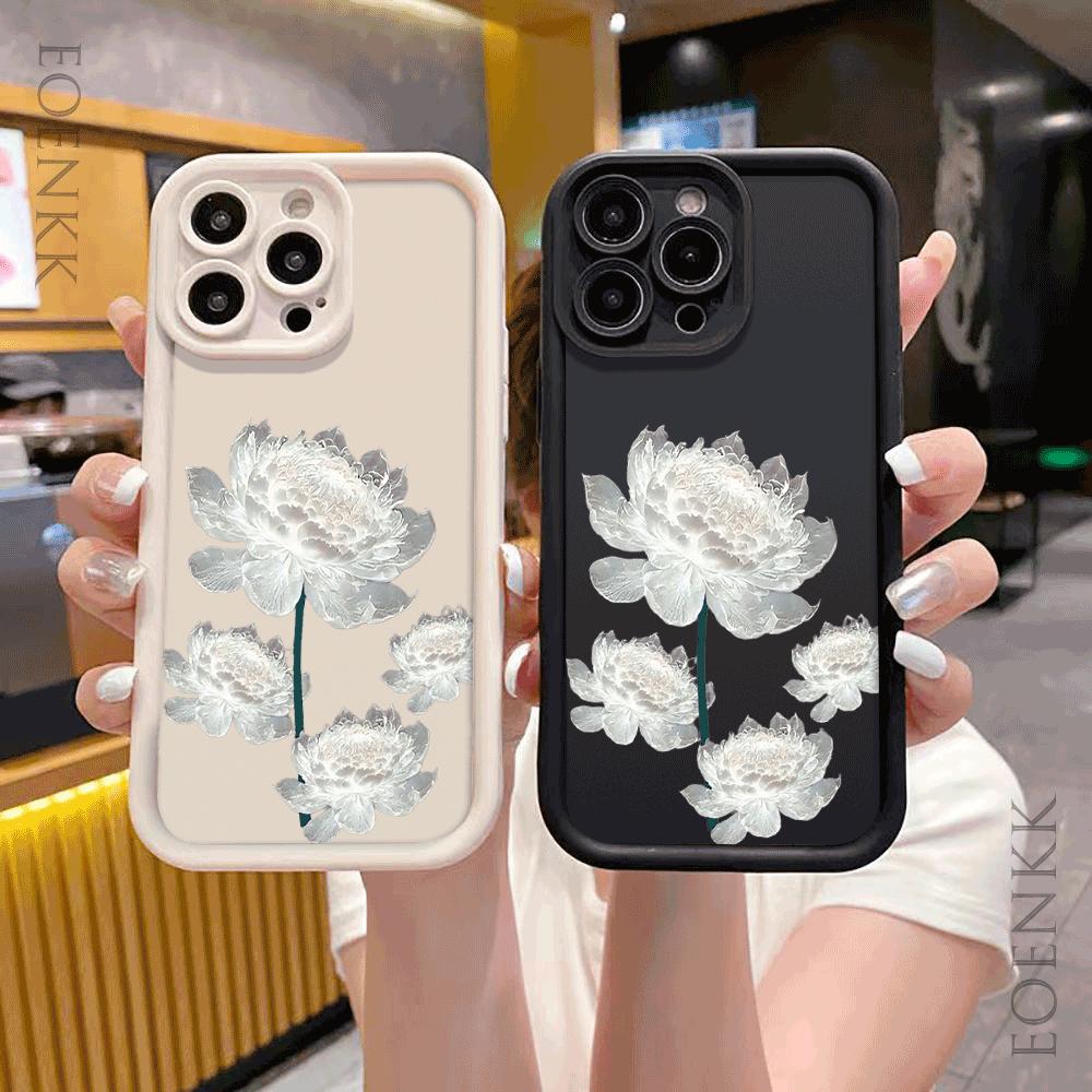 White Lotus Flower Silicone Case for iPhone 16 15 14 13 12 11 Pro Max XS XR X Anti-Scratch, Shockproof, Trendy Protective Cover