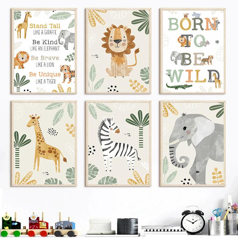 Jungle Animals Canvas Poster Lion Zebra Elephant Canvas Print Painting Decor Kids Bedroom Wall Art Print Pictures Nursery Decor