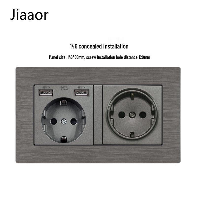 Type 146 Dual USB 16A Two-Gang European Power Socket Panel with German Standard Switch (Concealed)
