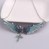 Fashion Blue White Pink Charm Crystal Angel Wings Cross Pendant Necklace Shellhard Vintage Jewelry For Women Bridal Wedding Gift