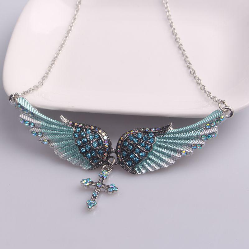Fashion Blue White Pink Charm Crystal Angel Wings Cross Pendant Necklace Shellhard Vintage Jewelry For Women Bridal Wedding Gift