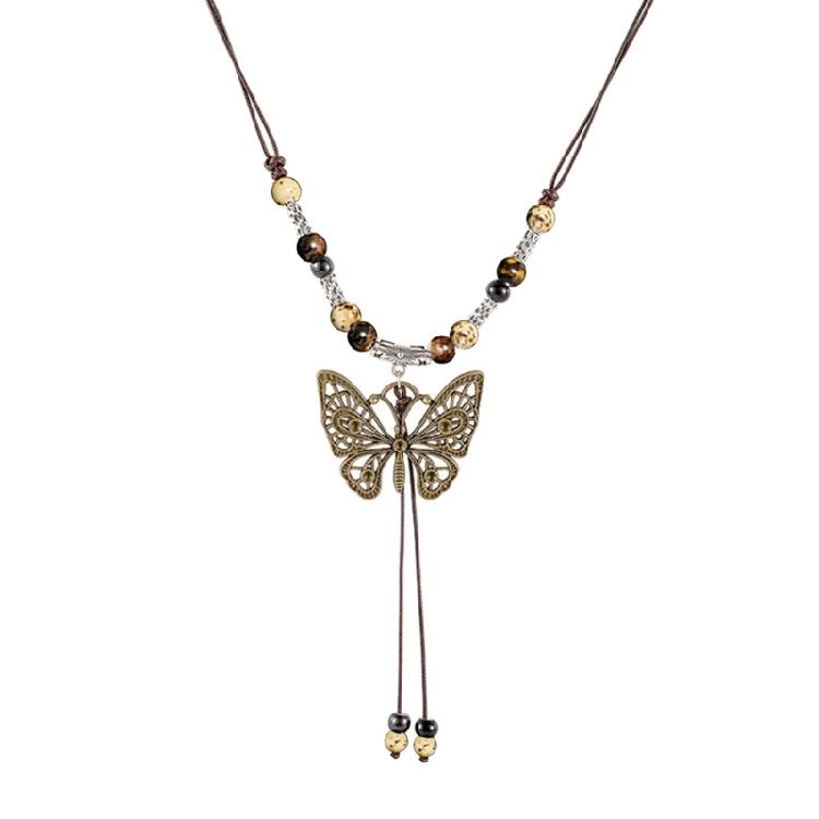 Beaded Butterfly Pendant Necklace Geometric Bead Clavicle Sweater Chain Jewelry