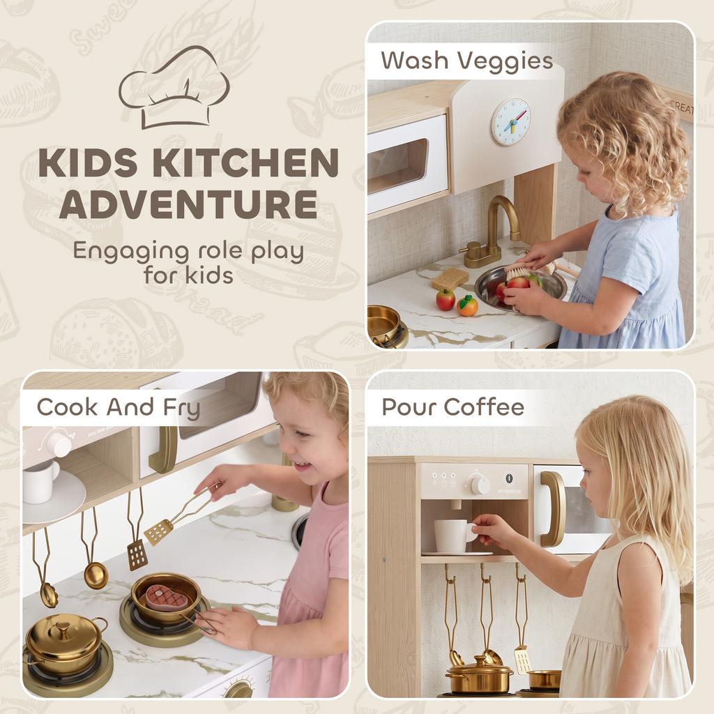 Children's Wooden Kitchen with Stainless Steel Utensils