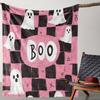 Vintage-Style Flannel Throw Blanket with Pink Checkered Ghost Print - All Seasons Soft and Cozy Comfort for Sofa, Bed