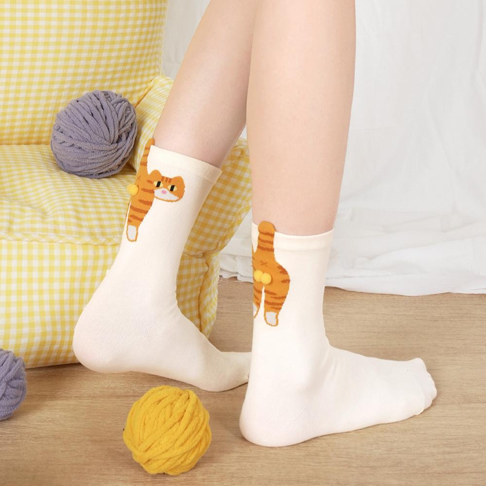 Cute Cat Socks with Fuzzy Balls Cotton Novelty Funny Animal Fun Crew Socks for Women