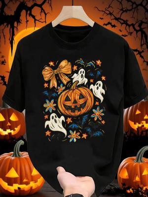 Men'S Cute Halloween Print T-Shirt Featuring Pumpkin, Ghost, Bow, And Bat Designs. Perfect for Festive Parties, This Loo