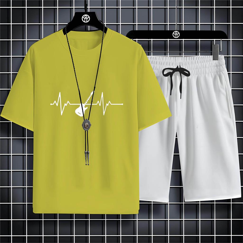 Summer 2023 Casual Outdoor Sports Style 2d Bike Print Men'S Crew Neck T-Shirt Trouser Set Loose And Comfortable Quick Dry