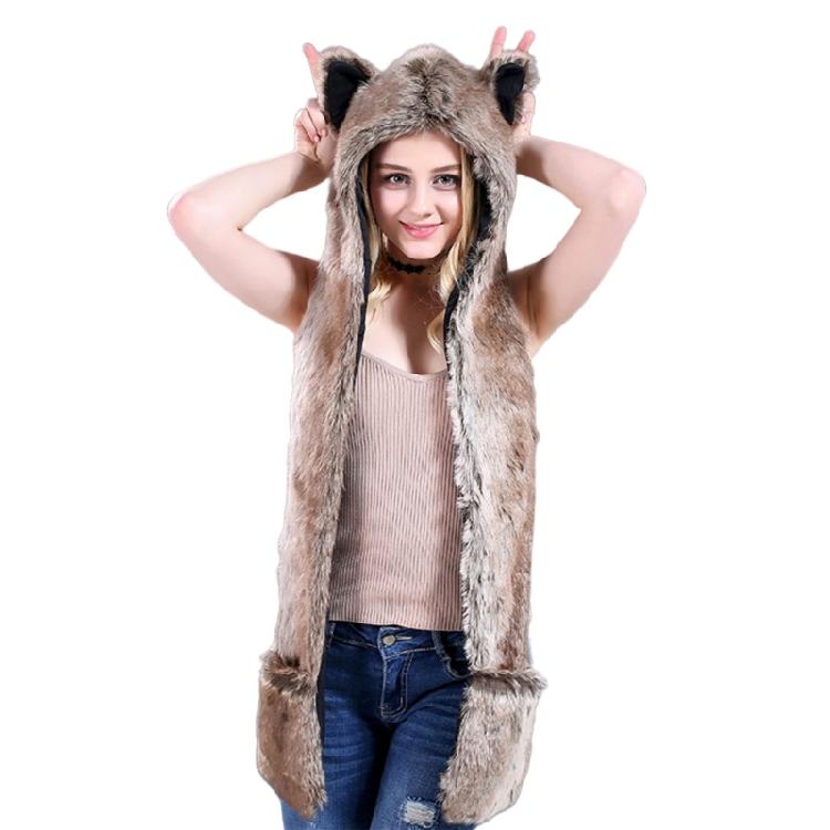 Plush Animal Ear Hat for Adult Unisex Earflap Gloves Scarf All In One Warm Trapper Hat Outdoor Activity Cold Weather Hat