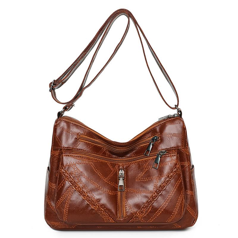 

Новая женская многосекционная сумка из мягкой кожи среднего размера, дизайн сумки для мамы, плетеная, большой вместимости, комбинированная, на плечо, мессенджер светло-коричневого