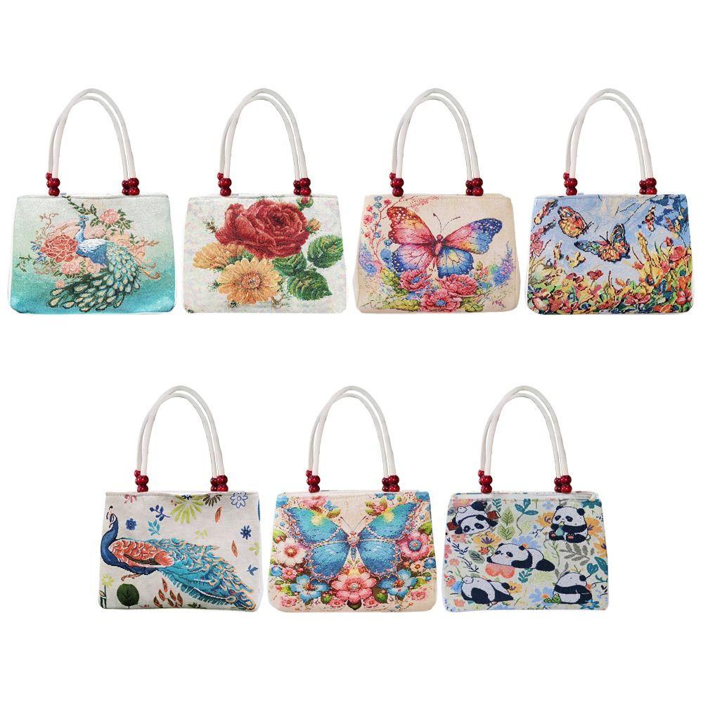 Ethnic Style Embroidery Canvas Bag Floral Embroidered Double Layered Lady Handbag Large Capacity Women Shoulder Bag Daily Use