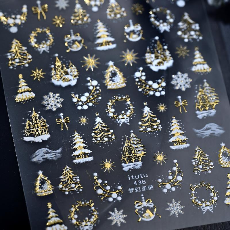 1Pcs Christmas Embossed Nails Art Stickers Dreamy Castle Christmas Tree Snowflake Self-Adhesive Manicure Decals Nail Decoration