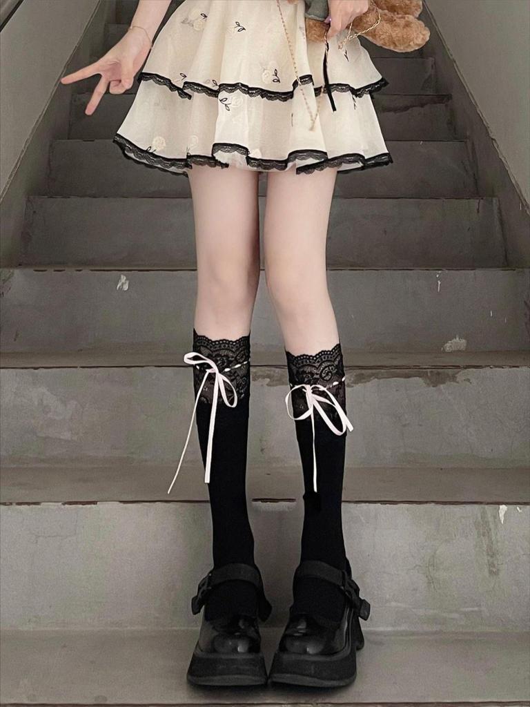 Lolita Lace Frill Mid-Calf Socks with Bow Ribbon - White Ballet Style JK Knee-Highs for Spring & Autumn