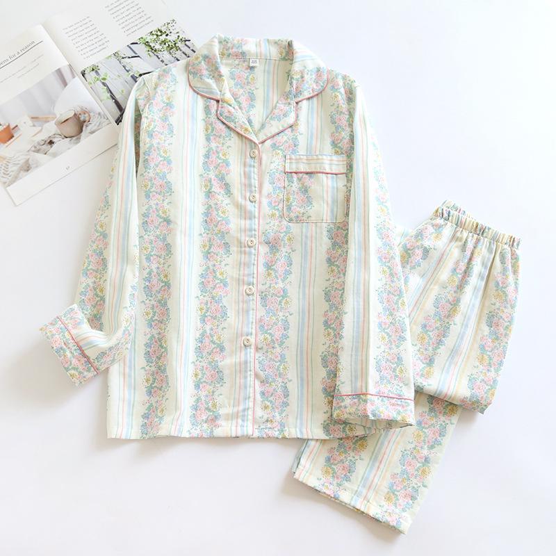 Long Sleeve Pajamas Set Nightie Autumn Pure Cotton Floral Ladies Pyjamas Sleep Wear Women Homewear Pj Lounge Set
