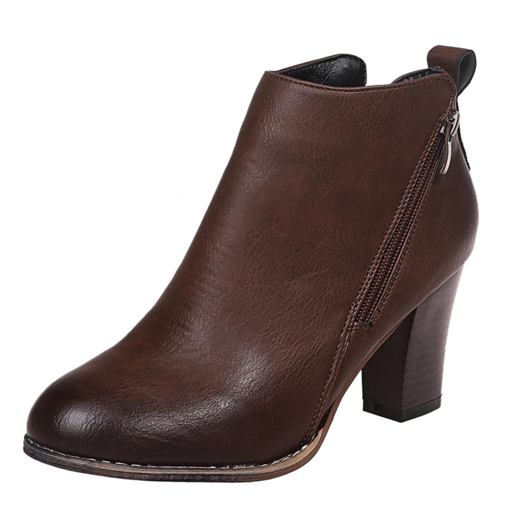 Retro Women Leather Square Heel Zipper Solid Color Short Booties Round Toe Shoes