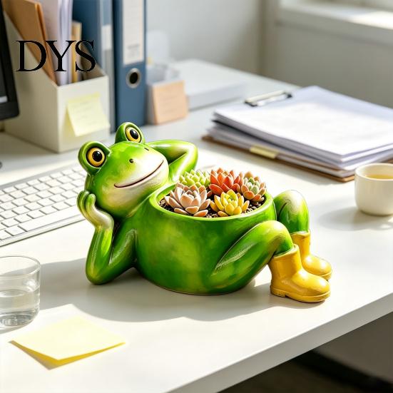 Weather Resistant Plant Container Cute Lying Frog Planter, Decorative Resin Pot, Funny Pastoral Style Garden Ornament for Succulents Indoor