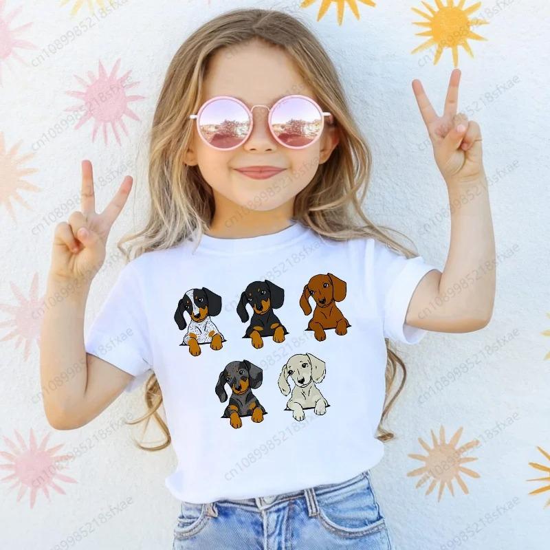 T-shirt with Dachshund Teckel dog print,fun t-shirts for babies,t-shirt for kids,white short-sleeve summer t-shirts for children