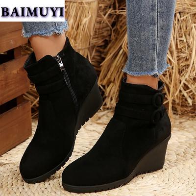 Damskie Botki Zimowe na Koturnie Suede Wysokie Obcasy Buty Trend 2025 Nowy Projektant Zimowe Botki Chelsea Eleganckie Czółenka na Zamek Mujer Botas