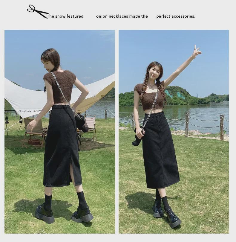 Schwarzer Denim Midi-Rock mit Schlitz und hohem Bund - 2025 A-Linien-Stil für Frühling/Herbst für Damen