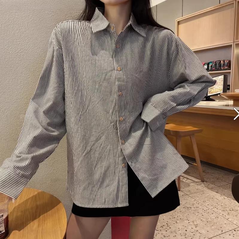 Women's Retro Striped Long Sleeve Lapel Shirt - Casual, Loose Fit for Spring and Autumn