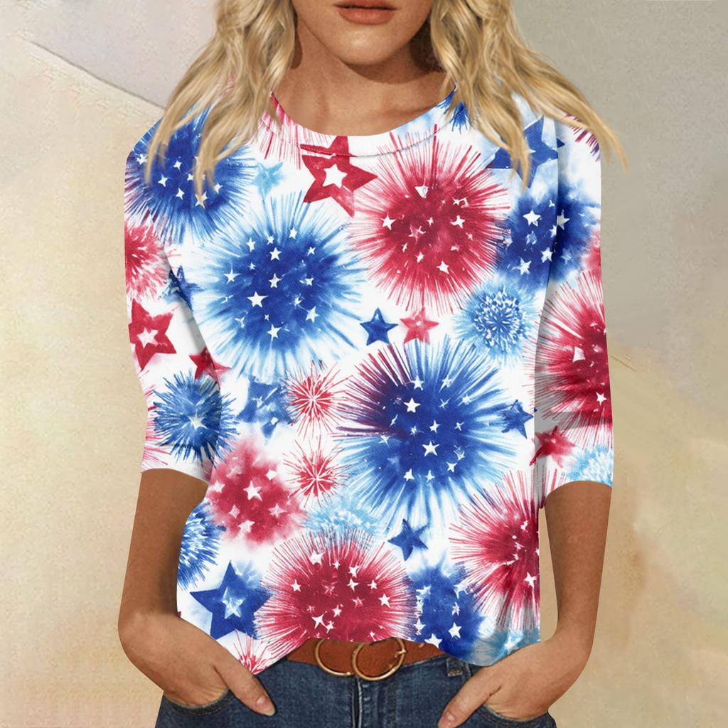 Women's Fashion Casual Seven-Sleeve Independence Day Print Round Neck Top