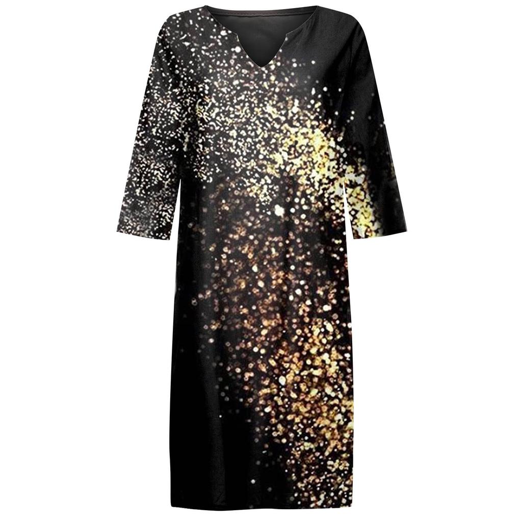WomenV-neck Folk-custom Plus Size Print Loose  Dress Temperament Casual Waist