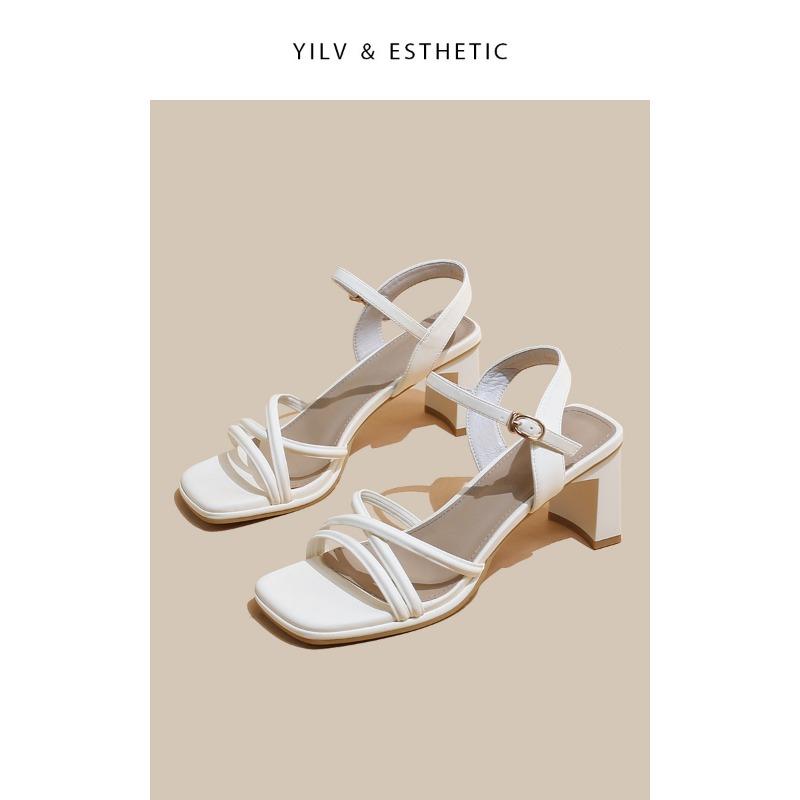 Temperament Thick Heel High Heels Women's White with Skirt One-word Buckle Sandals Women's Spring and Summer Middle Heel New Models