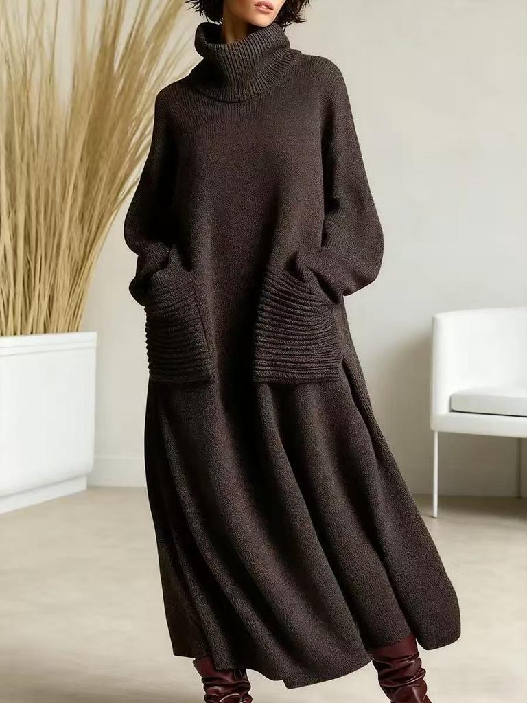 New Style High Neck Knit Dress Loose with Pockets
