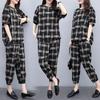 Women's Plaid Two-Piece Set: Summer Plus Size Casual Short Sleeve Top and Nine-Point Pants