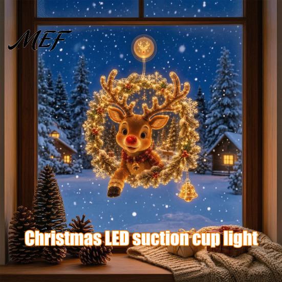 Christmas Party Ornament Suction Cup Window Light, 7.8-Inch Double-Layer Warm LED Wall Hanging Decor Battery Powered Light for Holiday Glass Windows,