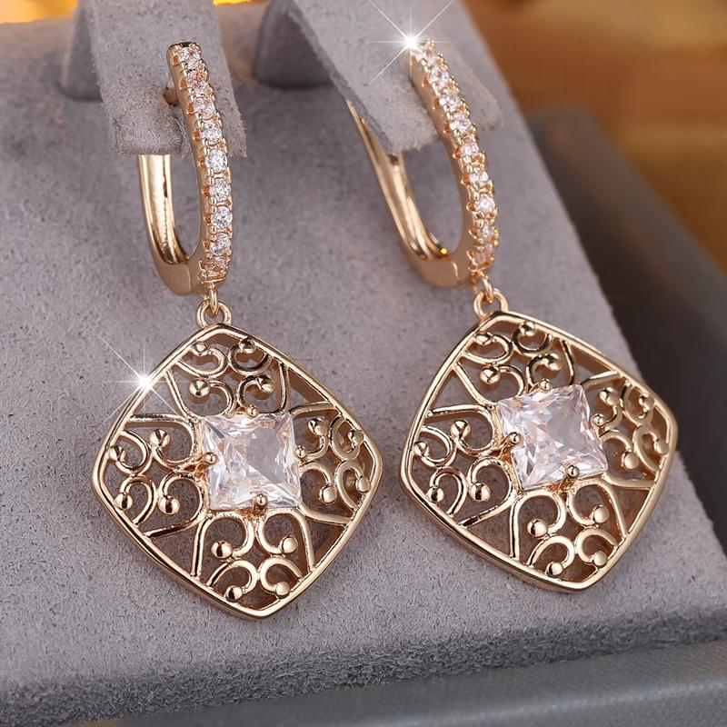 Vintage Gold Color Hollow Pattern Long Dangle Earrings for Women White Square Zircon Earrings Wedding Jewelry