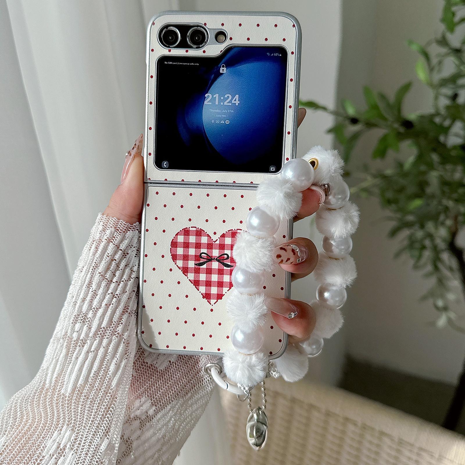

For Samsung Galaxy Z Flip7 FE 5G/Z Flip6 5G Case Dots Heart Pattern Leather+PC Phone Cover with Hand Strap A