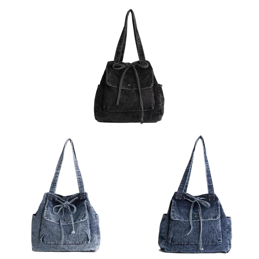Denim Tote Bag For Women With Drawstring Closure And Butterfly Bow Fashion Street Style