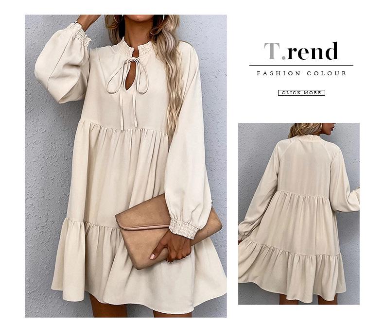 Shi Ying Women's Solid Color Autumn Midi Dress - Long Sleeve, Drawstring, Pointed Collar, Loose Fit
