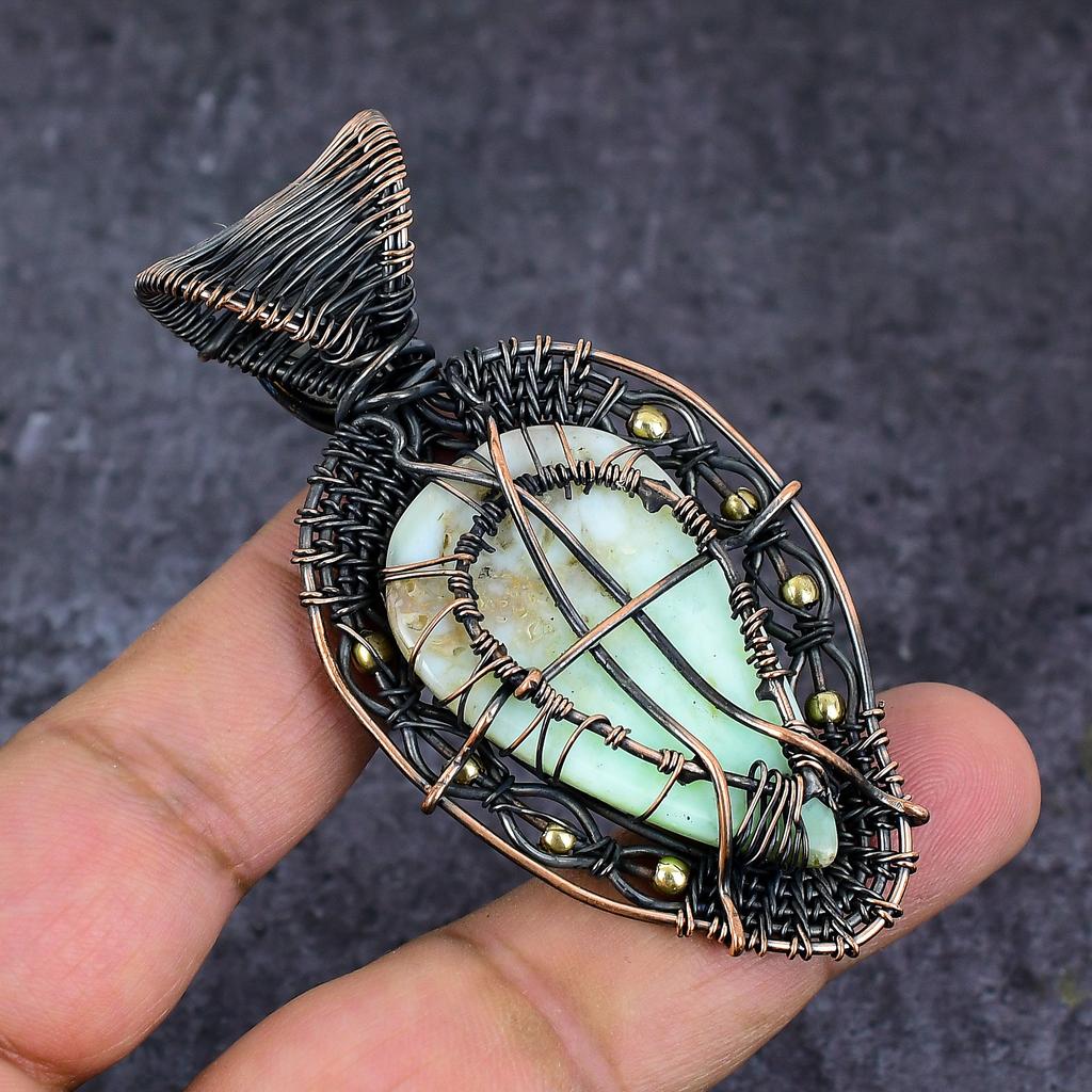Natural Chrysoprase Gemstone Copper Wire Wrap Jewelry Pendant 2.96" ET-4644